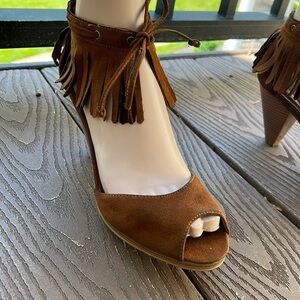 New look generation brown suede fringed, high, heeled sandal